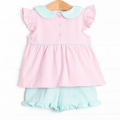 Pippa Flutter Sleeve Short Set, Mint and Light Pink Stripe