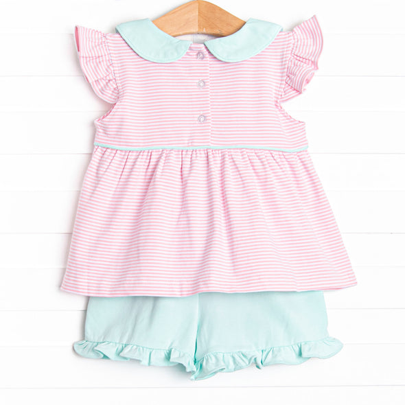 Pippa Flutter Sleeve Short Set, Mint and Light Pink Stripe