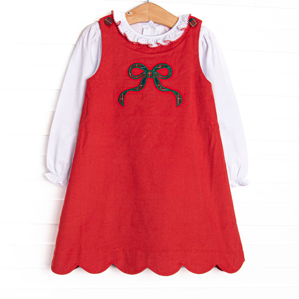 This set features a red corduroy material, green bow applique, and a long sleeve top to pair under.