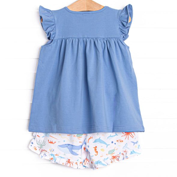 Deep Blue Discovery Ruffle Short Set, Blue