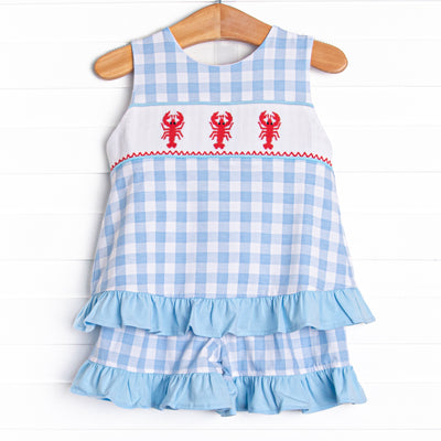 Off Land Lobster Smocked Ruffle Short Set, Blue