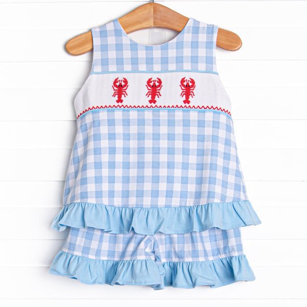 Off Land Lobster Smocked Ruffle Short Set, Blue