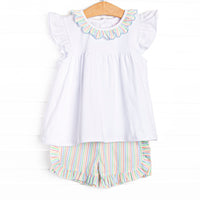 Rainbow Waves Ruffle Neck Short Set, Blue