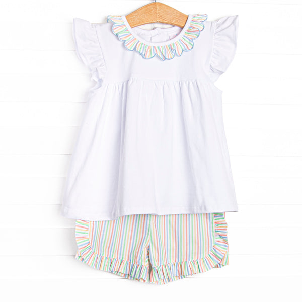 Rainbow Waves Ruffle Neck Short Set, Blue