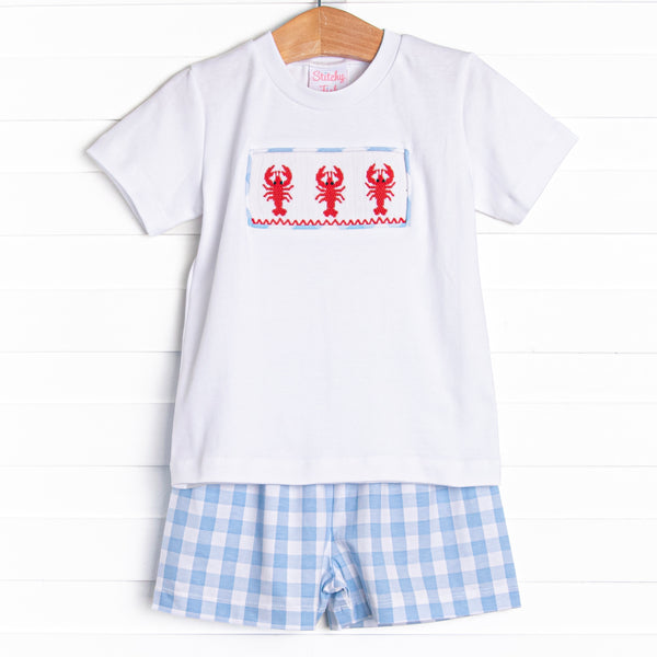 Off Land Lobster Smocked Short Set, Blue