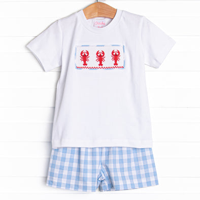 Off Land Lobster Smocked Short Set, Blue