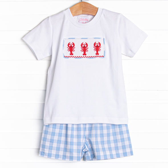 Off Land Lobster Smocked Short Set, Blue