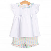 Rainbow Waves Ruffle Neck Short Set, Blue