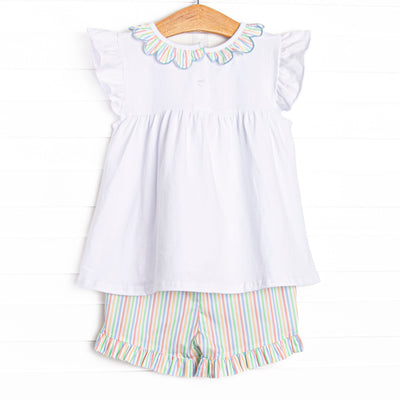 Rainbow Waves Ruffle Neck Short Set, Blue
