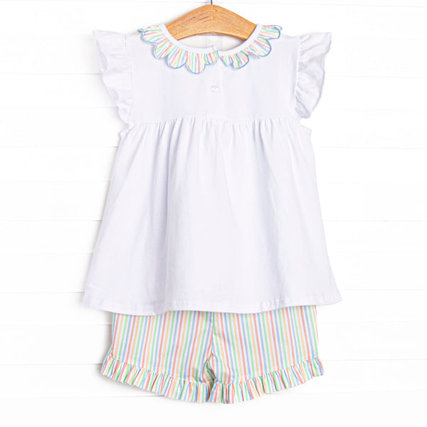 Rainbow Waves Ruffle Neck Short Set, Blue