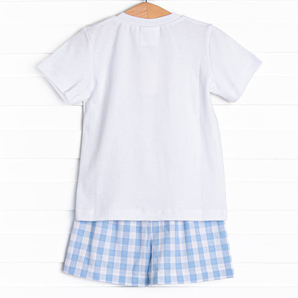 Off Land Lobster Smocked Short Set, Blue