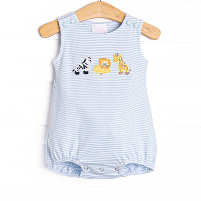 This bubble&nbsp; features a blue striped print, snaps on the stride, and a zoo animal applique and blue knit shorts.