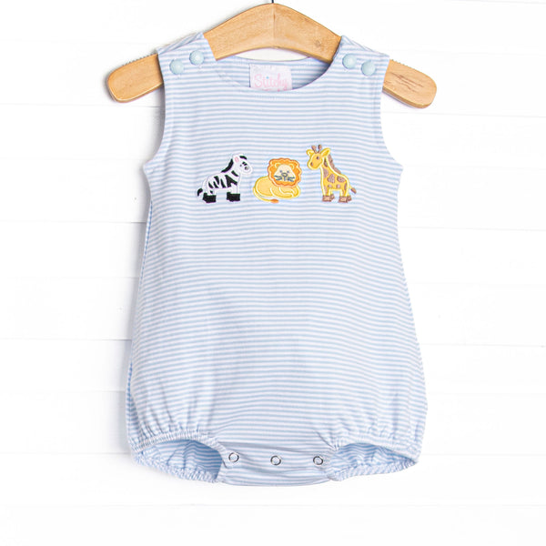 This bubble&nbsp; features a blue striped print, snaps on the stride, and a zoo animal applique and blue knit shorts.