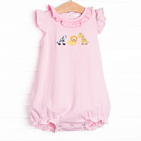  This bubble&nbsp; features a pink striped print, pink ruffle collar, and a zoo animal applique and blue knit shorts. 