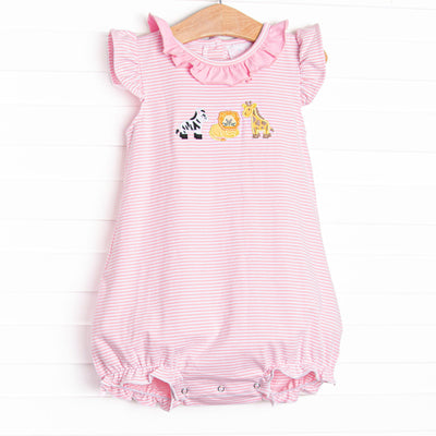  This bubble&nbsp; features a pink striped print, pink ruffle collar, and a zoo animal applique and blue knit shorts. 