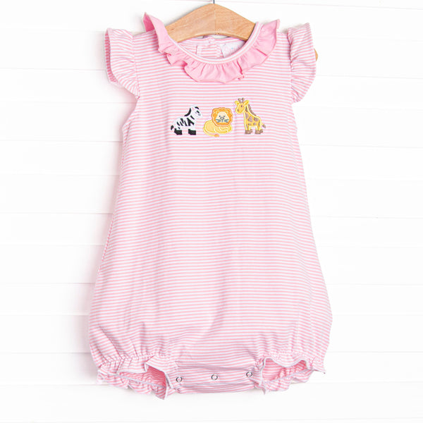  This bubble&nbsp; features a pink striped print, pink ruffle collar, and a zoo animal applique and blue knit shorts. 