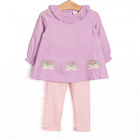 This set features purple corduroy fabric, floral appliques, and a ruffle neck. Coordinating light pink leggings to match.