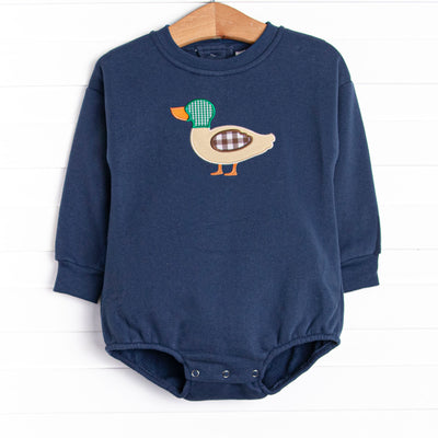  This bubble features a navy sweatshirt material, snaps on the stride, and a mallard applique. 