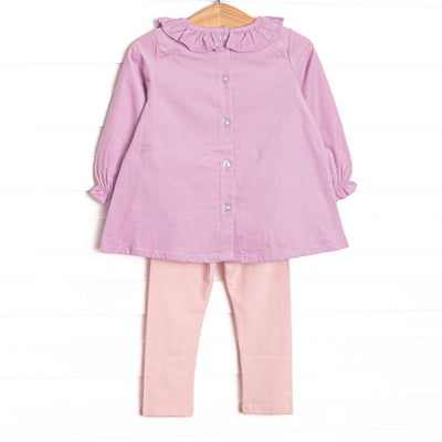 Petunia Purple Petals Applique Ruffle Neck Legging Set, Purple