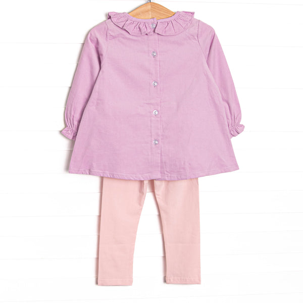 Petunia Purple Petals Applique Ruffle Neck Legging Set, Purple