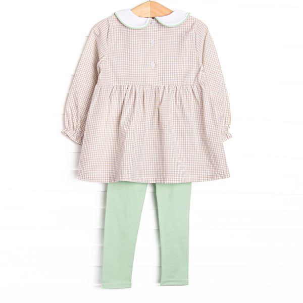 Tailfeather Craze Trio Embroidered Legging Set, Tan Gingham