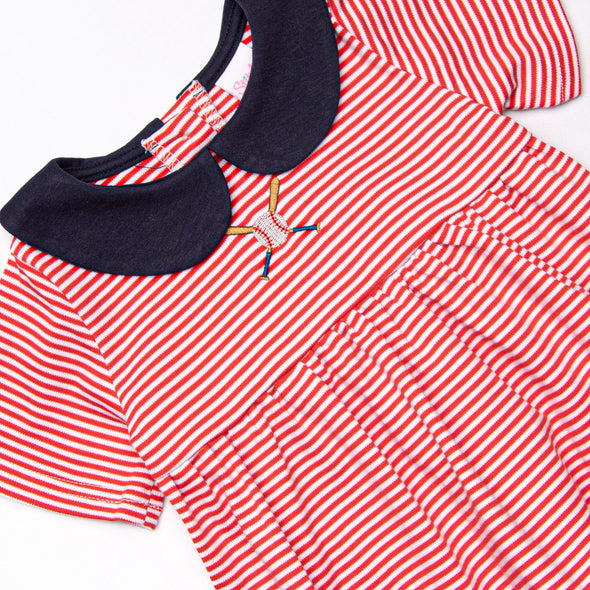 At the Ballpark Pima Embroidered Collared Bubble, Red Stripe