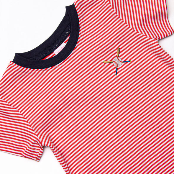 At the Ballpark Pima Embroidered Short Set, Red Stripe