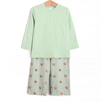  This set features sage gingham material, a turkey embroidered design, and a shirt to match. 