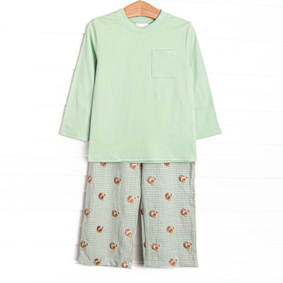  This set features sage gingham material, a turkey embroidered design, and a shirt to match. 