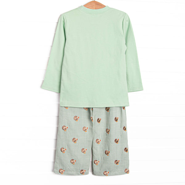 Tailfeather Craze Embroidered Pant Set, Green Gingham