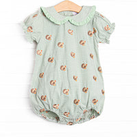  This bubble features sage gingham material, a turkey embroidered design, and a fun trimmed collar. 