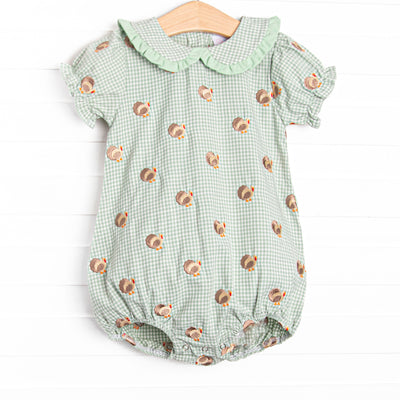  This bubble features sage gingham material, a turkey embroidered design, and a fun trimmed collar. 