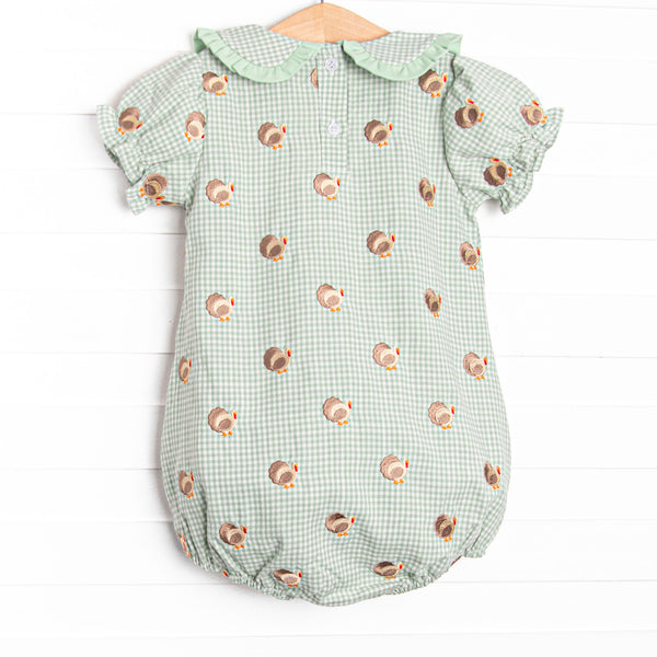 Tailfeather Craze Embroidered Girl Bubble, Green Gingham