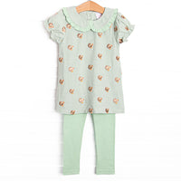This set features sage gingham material, a turkey embroidered design, a fun trimmed collar, and leggings to match.