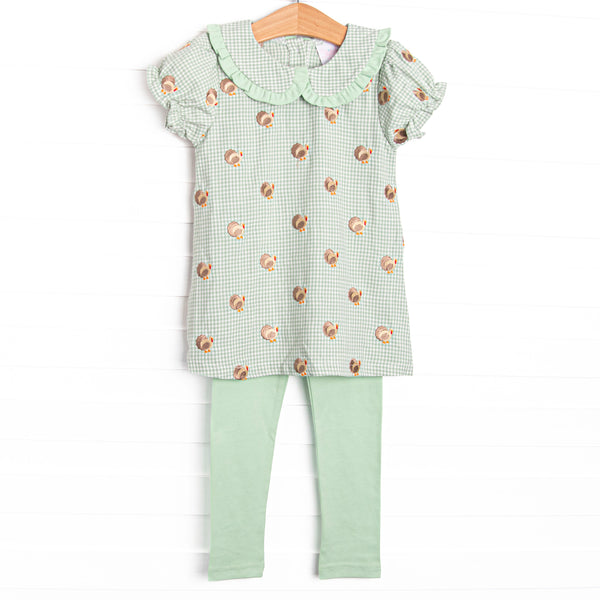 This set features sage gingham material, a turkey embroidered design, a fun trimmed collar, and leggings to match.