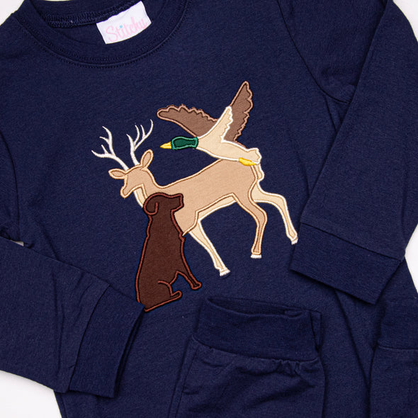 Hillside Hunt Applique Romper, Navy