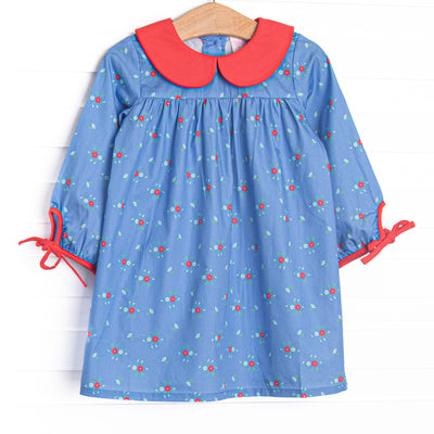 This dress features a blue floral print, a red piping at chest, and a red Peter Pan collar.