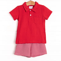 This cozy knit favorite is a staple for every little guy's closet featuring soft knit material, coordinating knit shorts, and red stripes.
