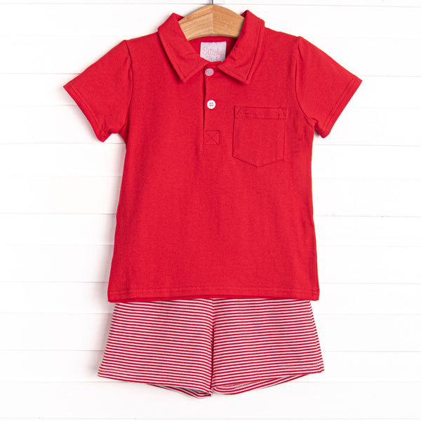 This cozy knit favorite is a staple for every little guy's closet featuring soft knit material, coordinating knit shorts, and red stripes.