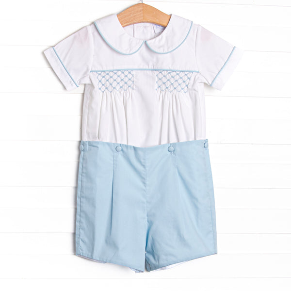 Bleu: Rowan Smocked Button-On Short Set, Blue