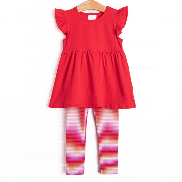  The set features the softest knit material, flutter sleeves and red striped knit leggings. 