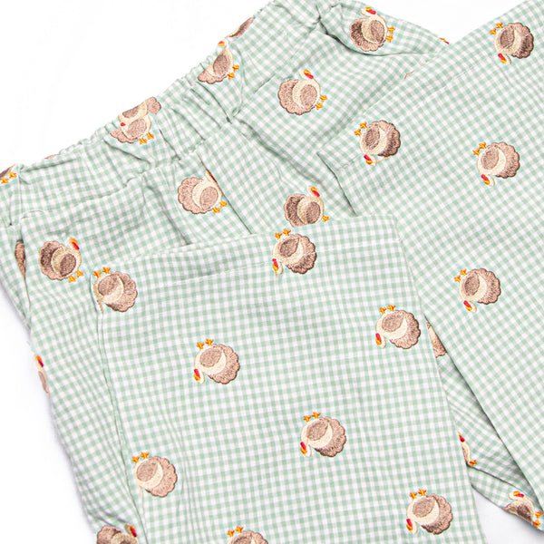 Tailfeather Craze Embroidered Pant Set, Green Gingham