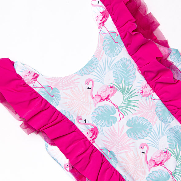 Palm Frond Flamingo Tankini, Blue