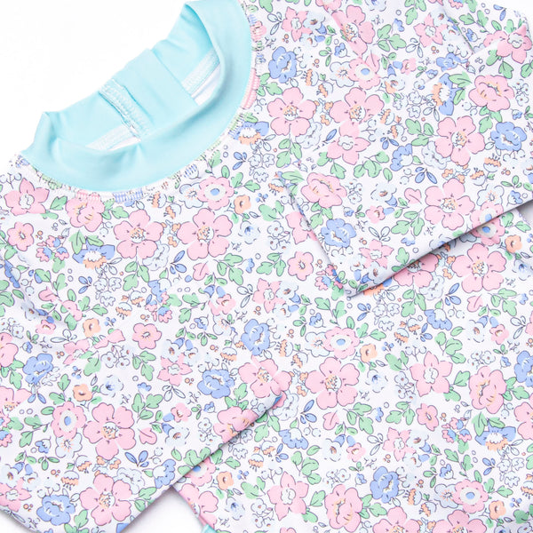 Pink Magnolia Long Sleeve One Piece Rash Guard, Blue