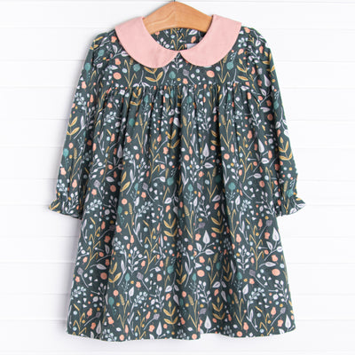 This precious long sleeve dress is a perfect mesh of sage floral and light pink corduroy.