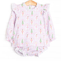This set features a holiday print, ruffle shoulders, and eyelet lace trim.