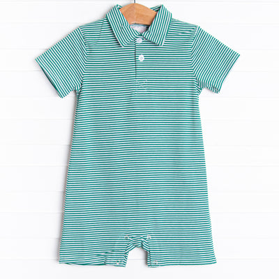  The romper features soft knit material, sweet light green stripes, and snaps in the stride to make changing a breeze. 