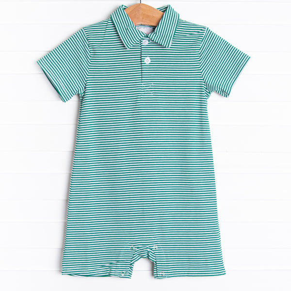  The romper features soft knit material, sweet light green stripes, and snaps in the stride to make changing a breeze. 