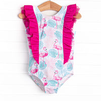 Palm Frond Flamingo One Piece, Blue