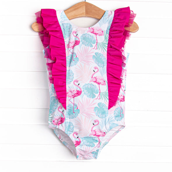 Palm Frond Flamingo One Piece, Blue